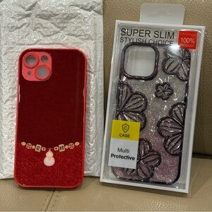 iPhone 15 Phone Case Set of 2 - Purple Floral Flower & Red Get Wealthy Rich